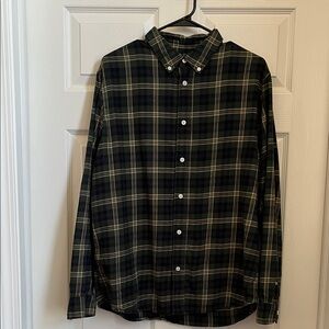Men's Cotton & Co. Green, Navy, and Tan Plaid Button-Down Flannel Shirt - Large